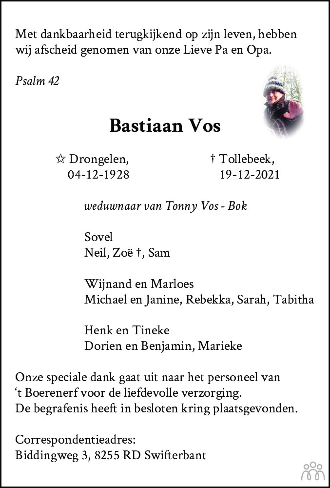 Overlijdensbericht van Bastiaan Vos in Flevopost Dronten