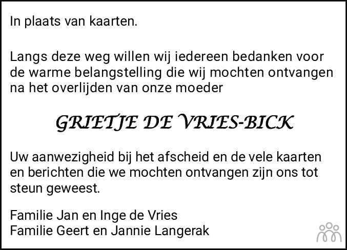 Overlijdensbericht van Grietje de Vries-Bick in Noordoostpolder