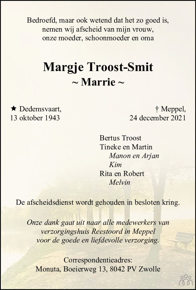 Overlijdensbericht van Margje (Marrie) Troost-Smit in Meppeler Courant