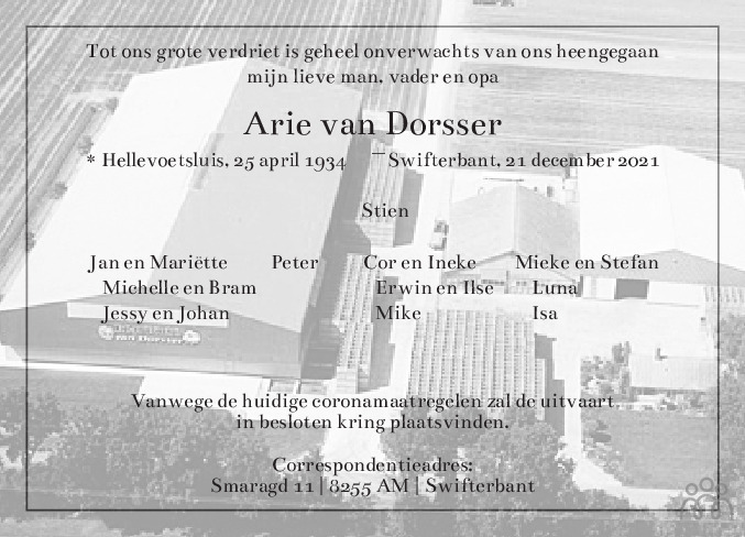 Overlijdensbericht van Arie van Dorsser in Flevopost Dronten