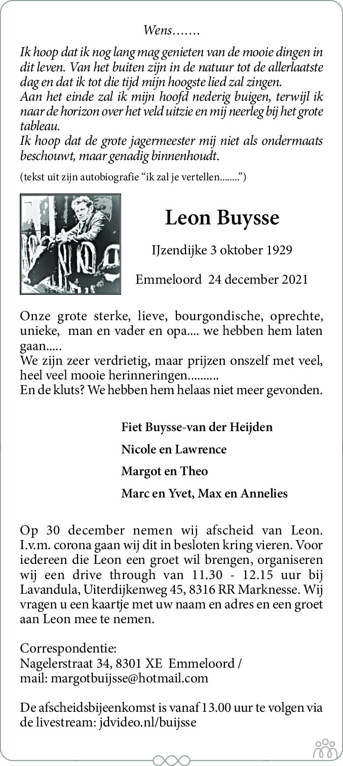Overlijdensbericht van Leon Buysse in Noordoostpolder