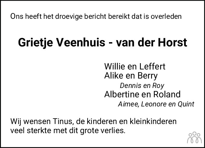 Overlijdensbericht van Grietje Hilligje Veenhuis-van der Horst in Meppeler Courant