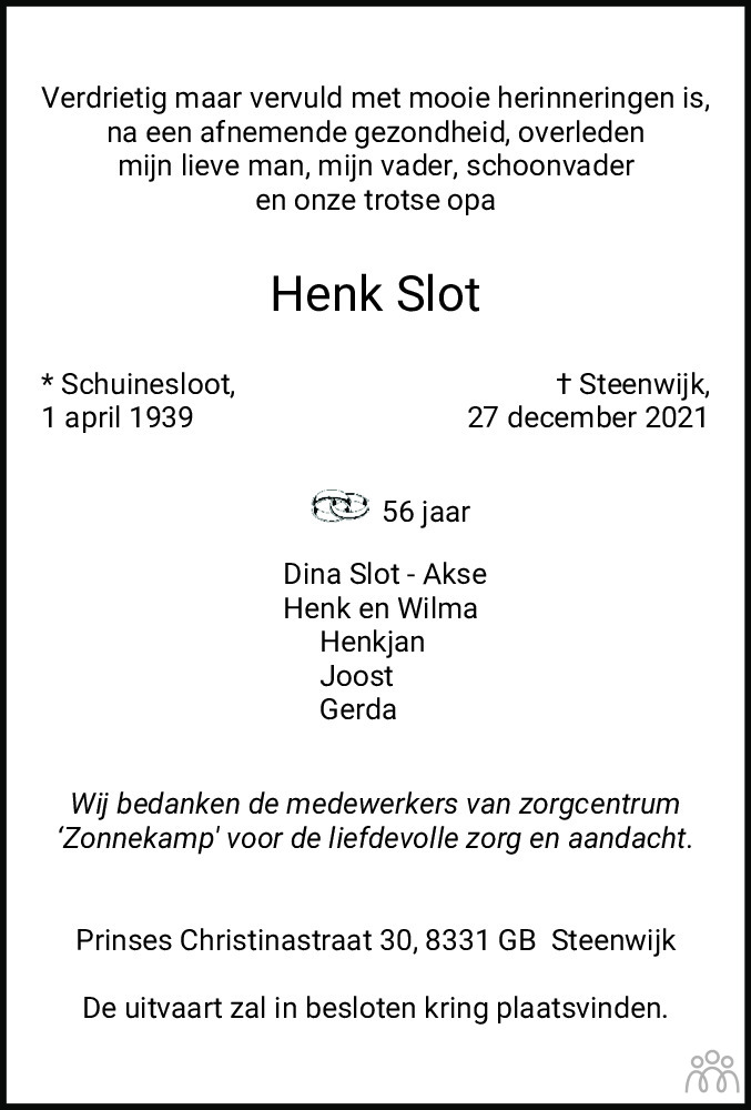 Overlijdensbericht van Henk Slot in Meppeler Courant