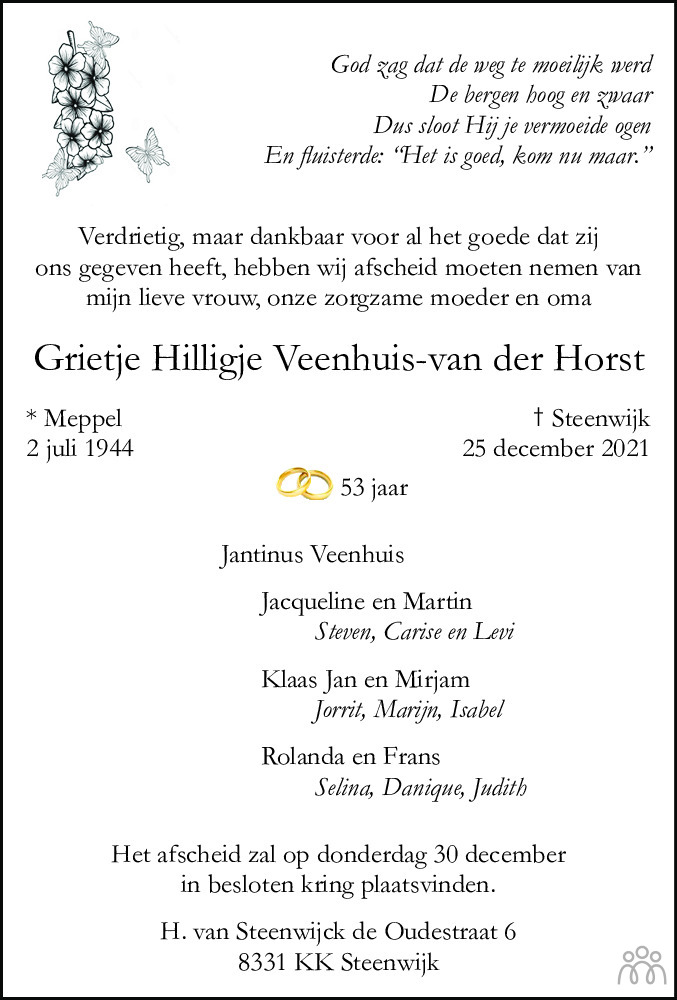 Overlijdensbericht van Grietje Hilligje Veenhuis-van der Horst in Meppeler Courant