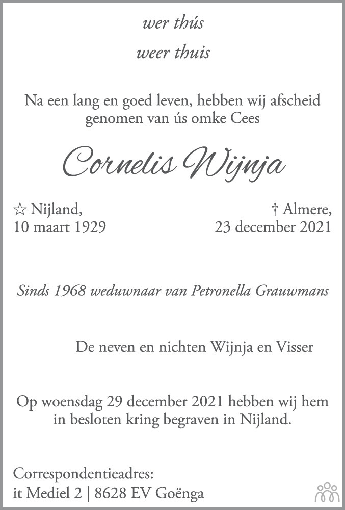 Overlijdensbericht van Cornelis Wijnja in Bolswards Nieuwsblad