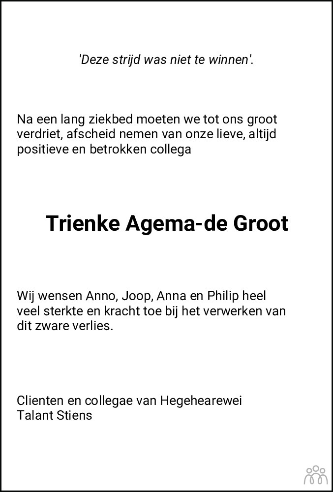 Overlijdensbericht van Trienke Agema-de Groot in Leeuwarder Courant