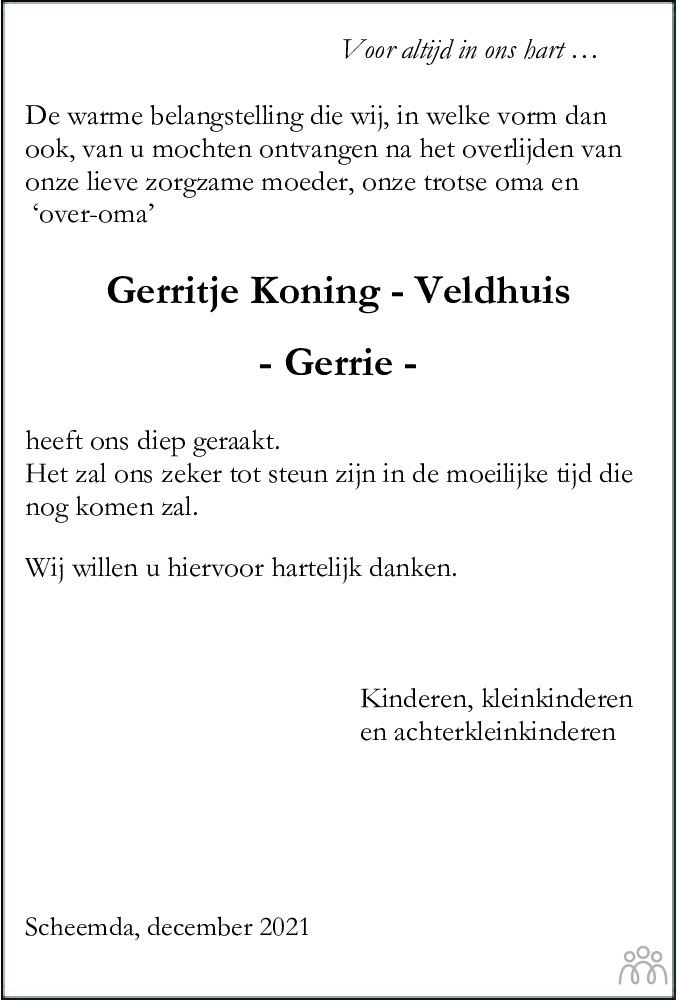 Overlijdensbericht van Gerritje (Gerrie) Koning-Veldhuis in Dagblad van het Noorden