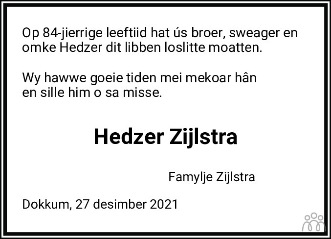 Overlijdensbericht van Hedzer Zijlstra in Nieuwsblad Noordoost-Friesland