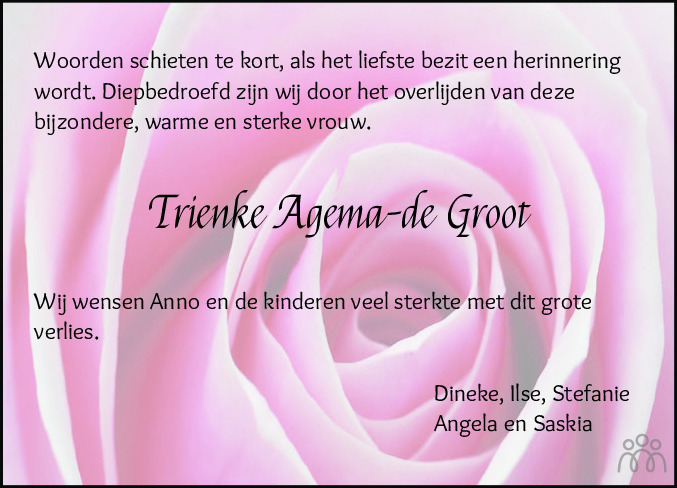 Overlijdensbericht van Trienke Agema-de Groot in Leeuwarder Courant
