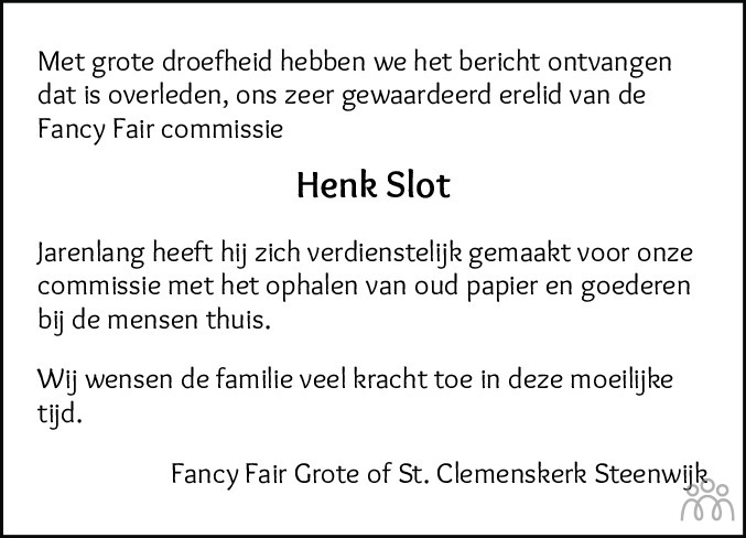 Overlijdensbericht van Henk Slot in Meppeler Courant