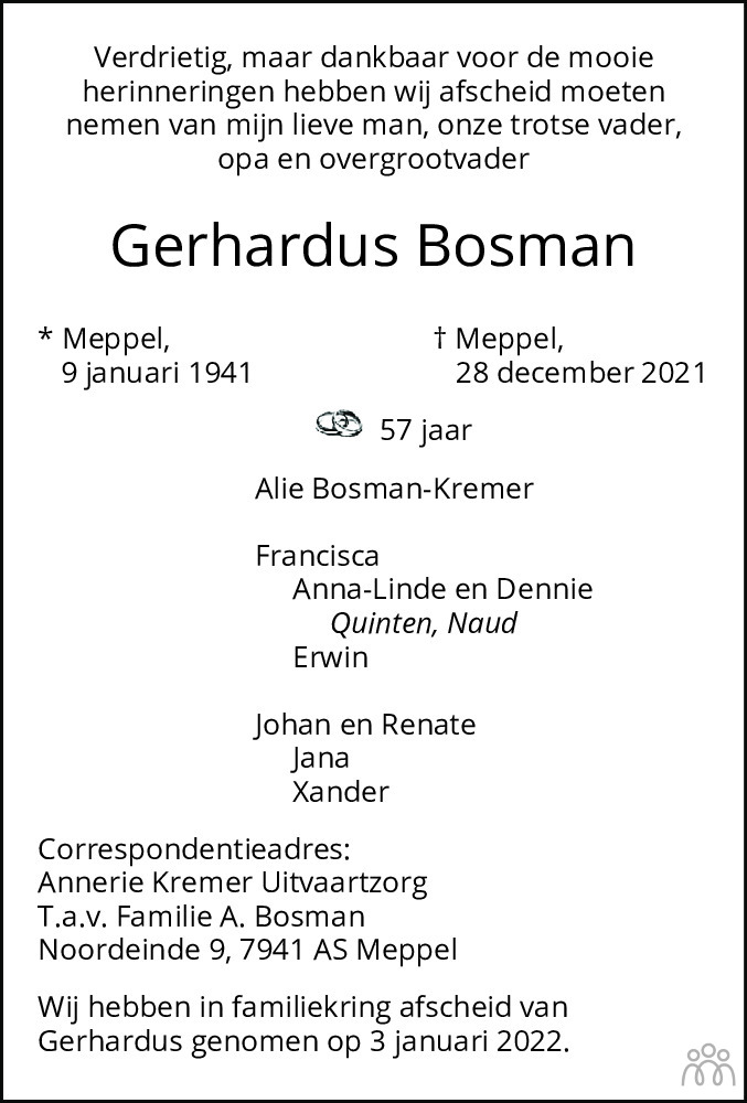 Overlijdensbericht van Gerhardus Bosman in Meppeler Courant
