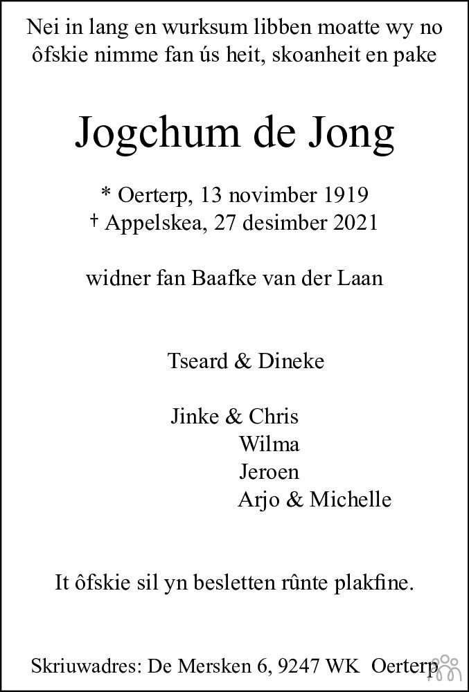 Overlijdensbericht van Jogchum de Jong in Leeuwarder Courant