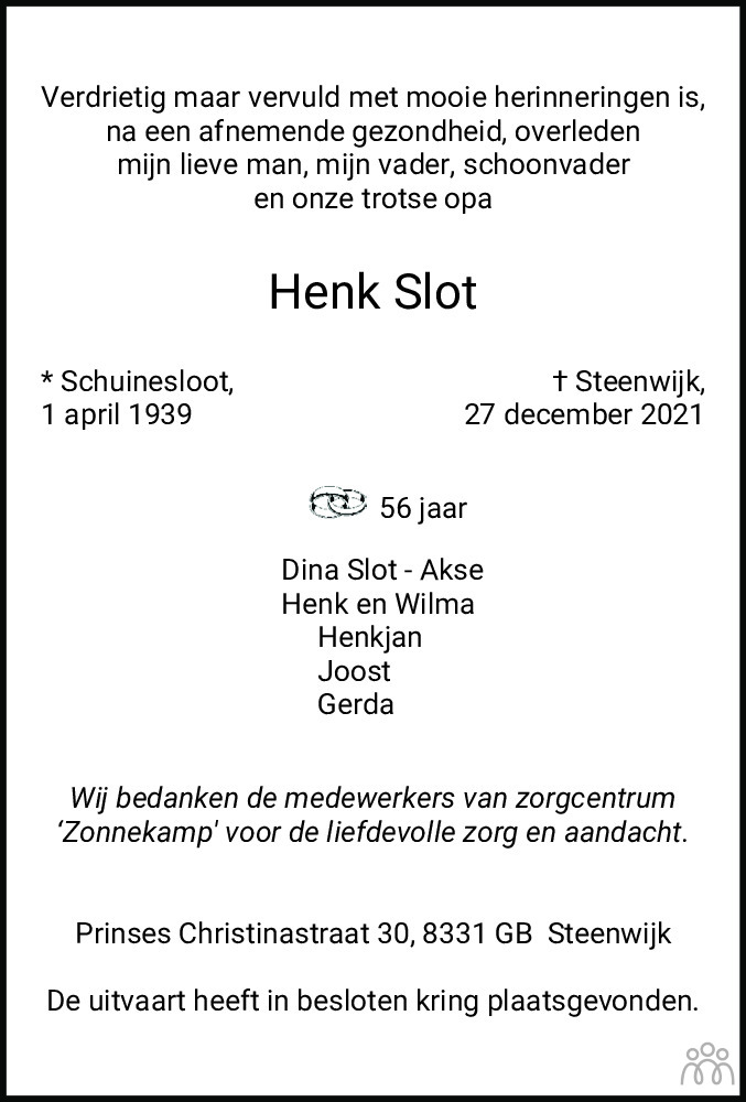 Overlijdensbericht van Henk Slot in Steenwijker Courant