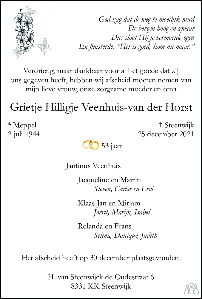 Overlijdensbericht van Grietje Hilligje Veenhuis-van der Horst in Steenwijker Courant
