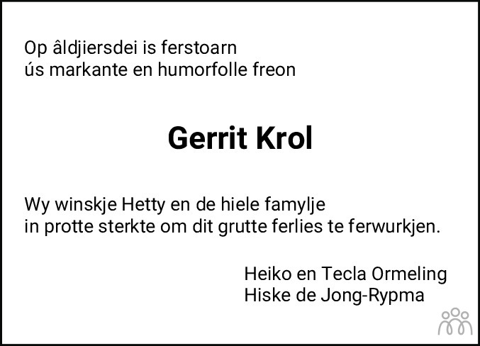 Overlijdensbericht van Gerrit Idzard Krol in Leeuwarder Courant
