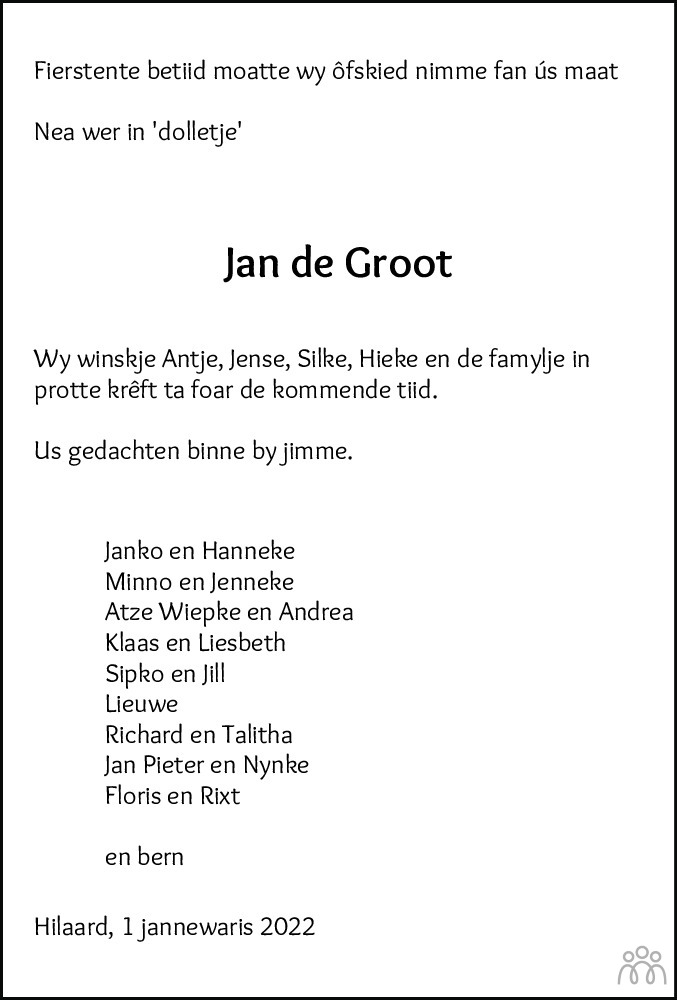 Overlijdensbericht van Jan de Groot in Leeuwarder Courant