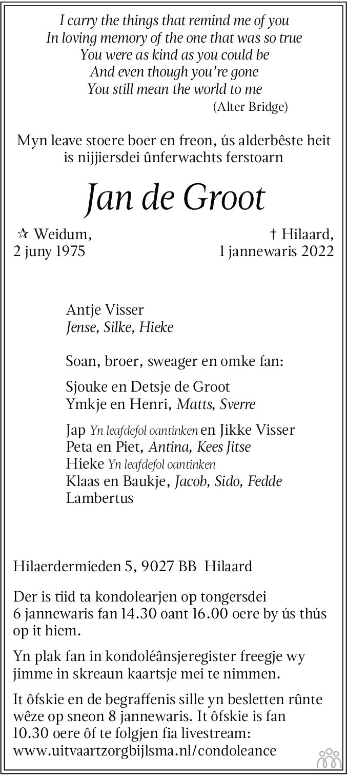 Overlijdensbericht van Jan de Groot in Leeuwarder Courant