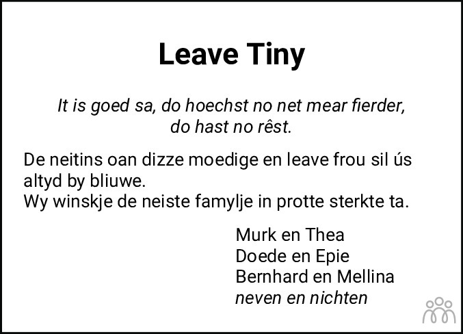 Overlijdensbericht van Tiny Bakker-Wiersma in Leeuwarder Courant