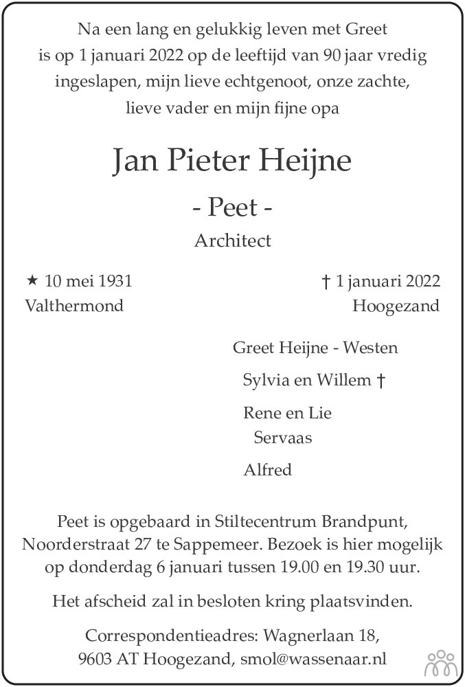 Overlijdensbericht van Jan Pieter (Peet) Heijne in Dagblad van het Noorden