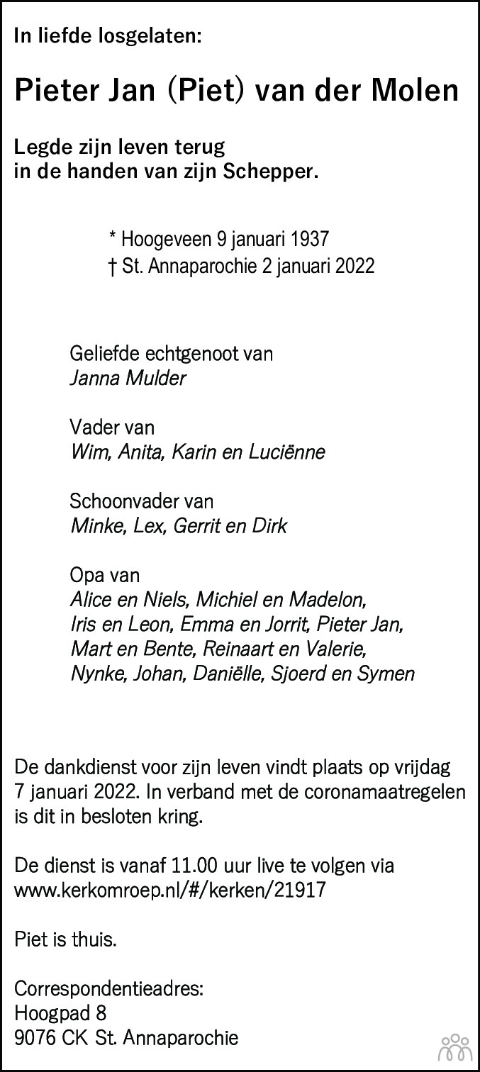 Overlijdensbericht van Pieter Jan (Piet) van der Molen in Friesch Dagblad