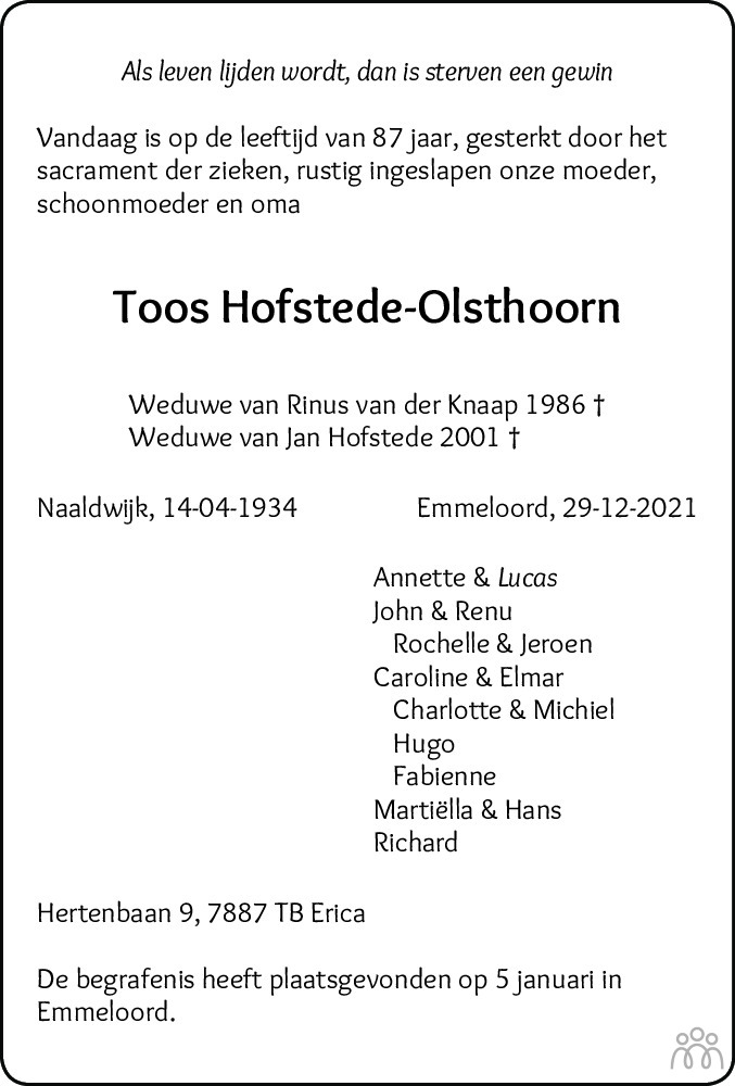 Overlijdensbericht van Toos Hofstede-Olsthoorn in Noordoostpolder
