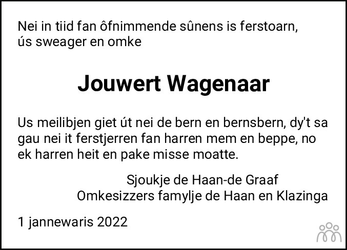 Overlijdensbericht van Jouwert Wagenaar in Friesch Dagblad