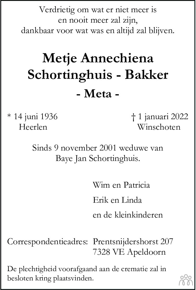 Overlijdensbericht van Metje Annechiena (Meta) Schortinghuis-Bakker in Dagblad van het Noorden