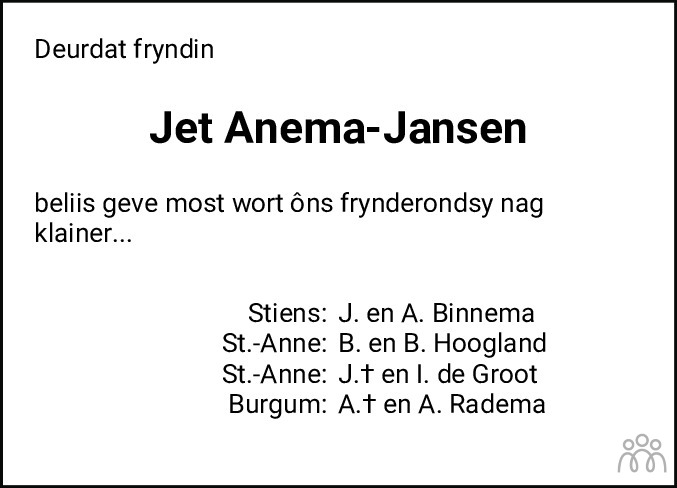 Overlijdensbericht van Jet Anema-Jansen in Leeuwarder Courant