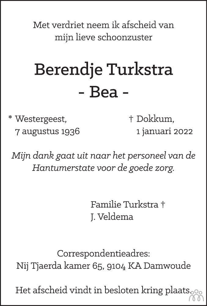 Overlijdensbericht van Berendje (Bea) Turkstra in Leeuwarder Courant