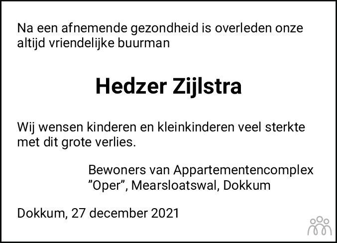 Overlijdensbericht van Hedzer Zijlstra in Dockumer Courant