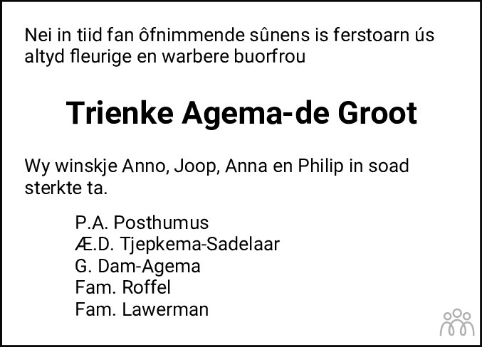 Overlijdensbericht van Trienke Agema-de Groot in Dockumer Courant