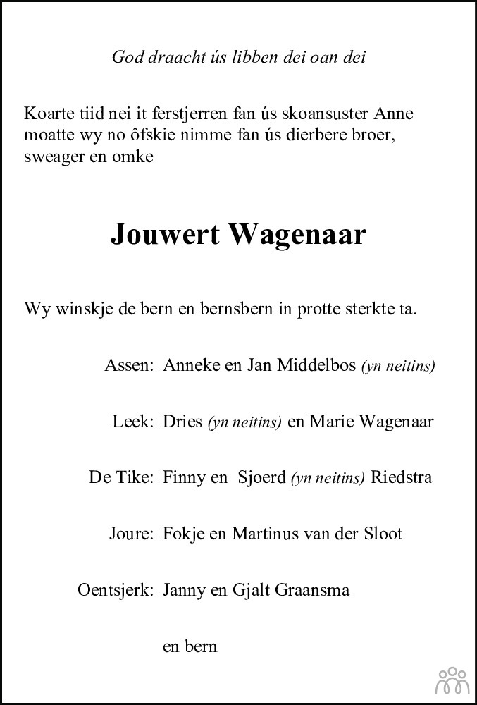 Overlijdensbericht van Jouwert Wagenaar in Leeuwarder Courant