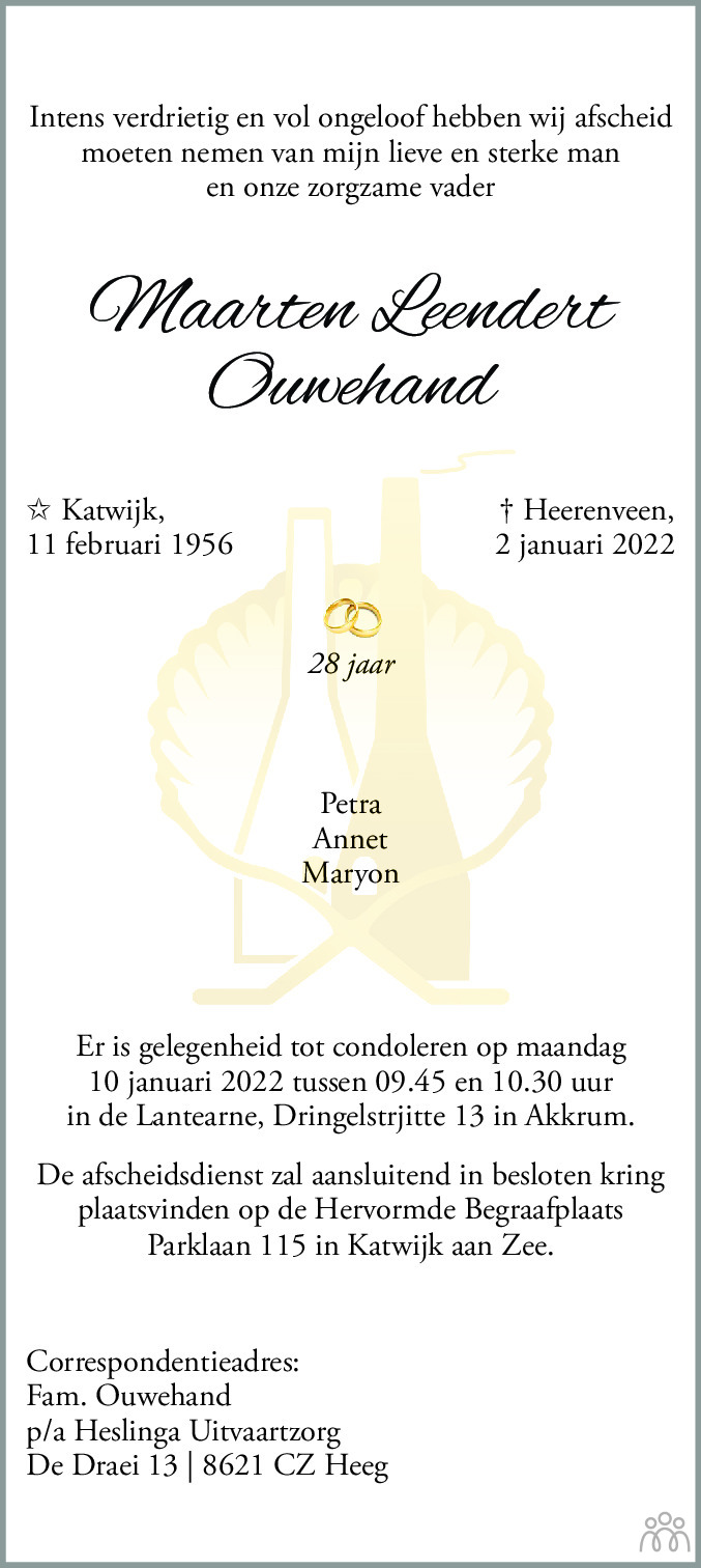 Overlijdensbericht van Maarten Leendert Ouwehand in Leeuwarder Courant