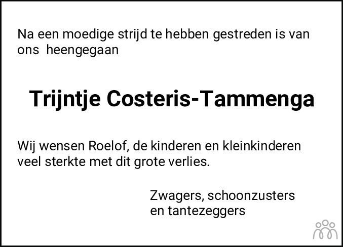 Overlijdensbericht van Trijntje Costeris-Tammenga in De Stellingwerf