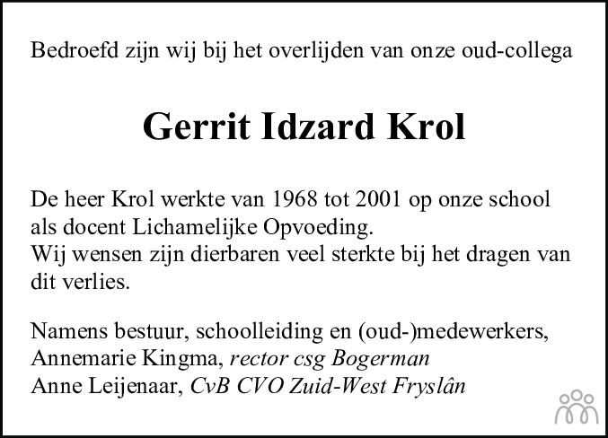 Overlijdensbericht van Gerrit Idzard Krol in Sneeker Nieuwsblad
