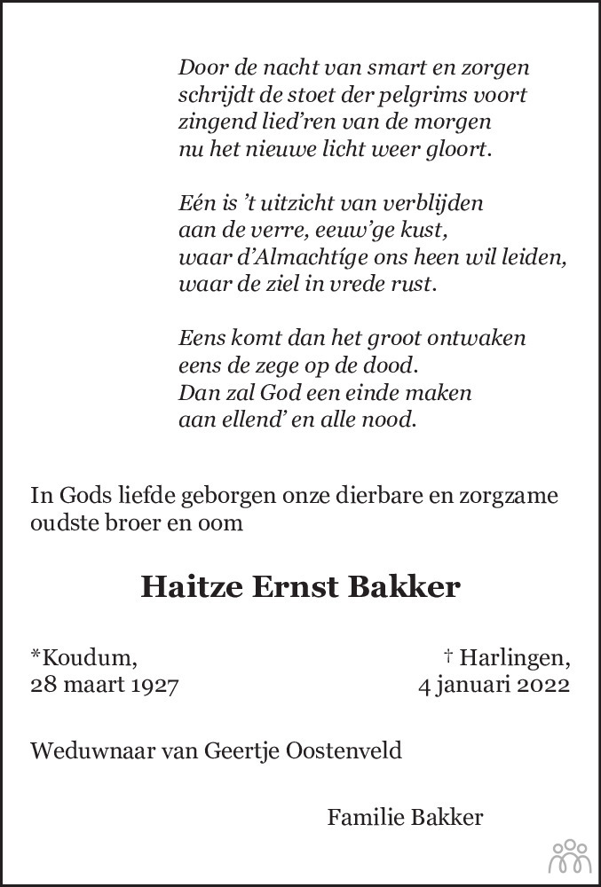 Overlijdensbericht van Haitze Ernst Bakker in Leeuwarder Courant