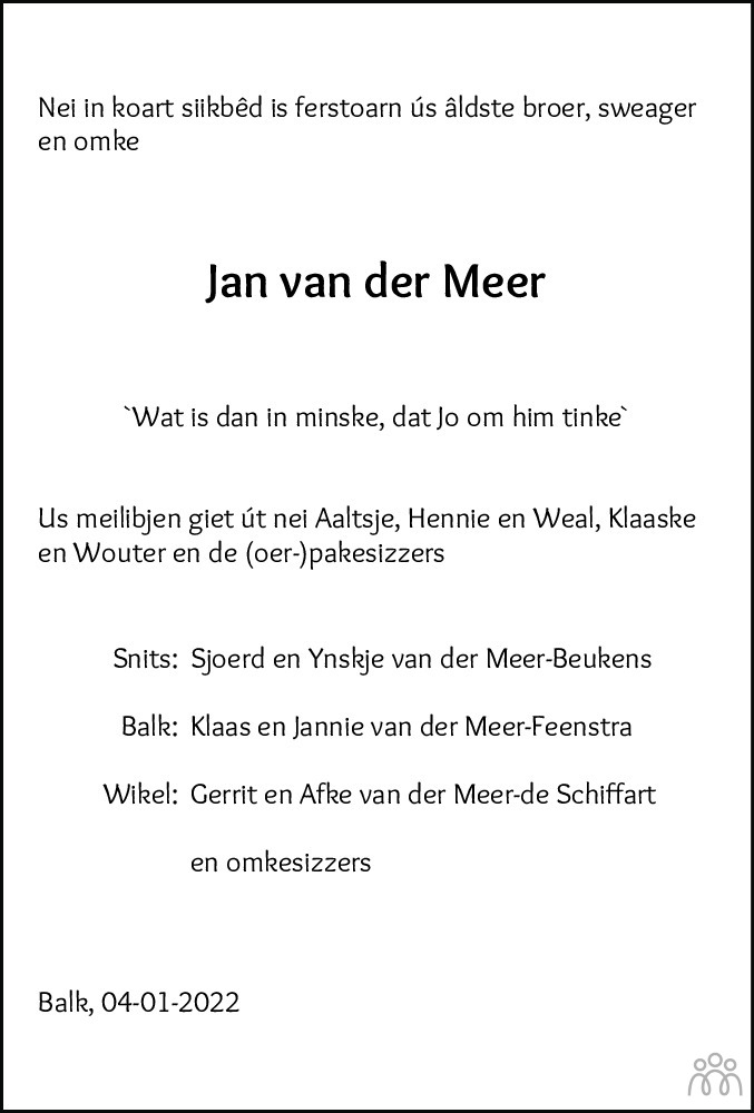 Overlijdensbericht van Jan van der Meer in Balkster Courant