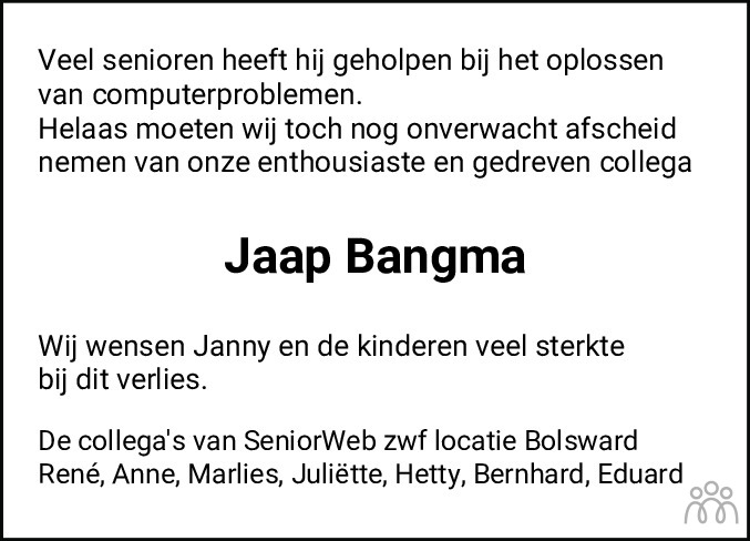 Overlijdensbericht van Jaap Bangma in Bolswards Nieuwsblad