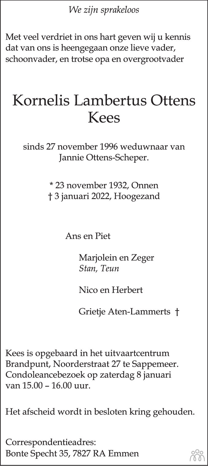 Overlijdensbericht van Kornelis Lambertus (Kees) Ottens in Dagblad van het Noorden