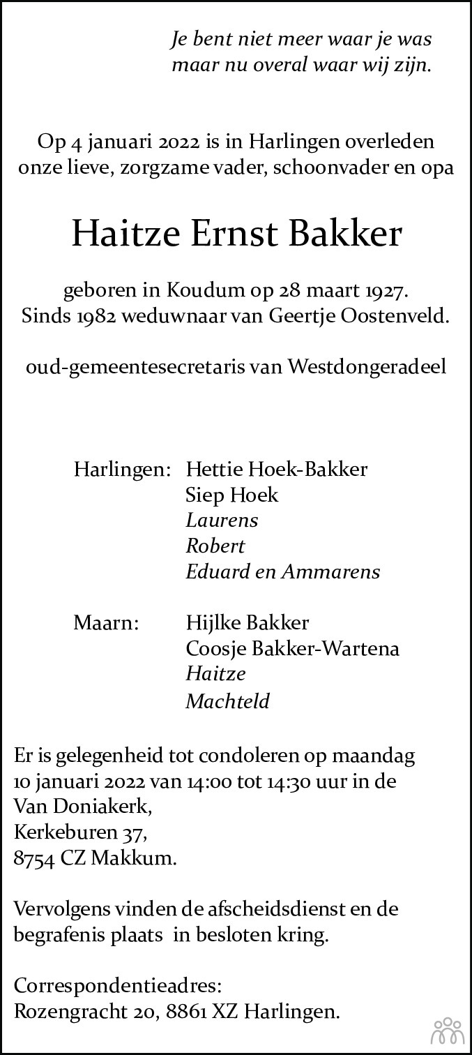 Overlijdensbericht van Haitze Ernst Bakker in Leeuwarder Courant