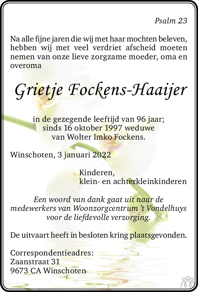 Overlijdensbericht van Grietje Fockens-Haaijer in Dagblad van het Noorden