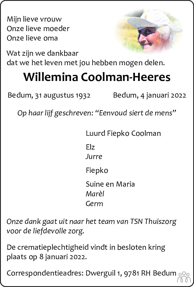 Overlijdensbericht van Willemina Coolman-Heeres in Dagblad van het Noorden