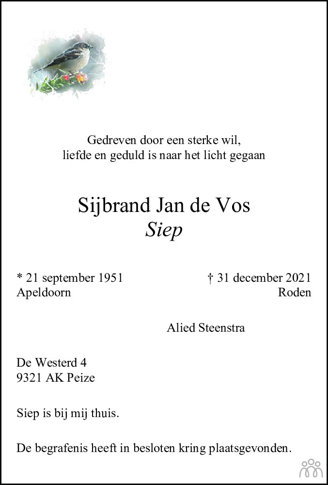Overlijdensbericht van Sijbrand Jan (Siep) de Vos in Dagblad van het Noorden