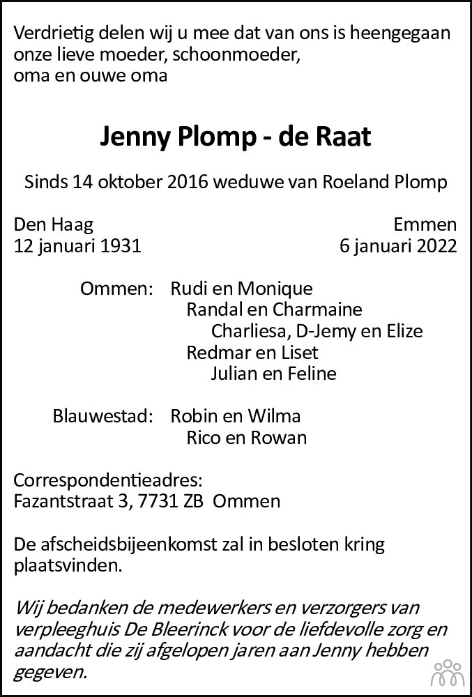 Overlijdensbericht van Jenny Plomp-de Raat in Dagblad van het Noorden