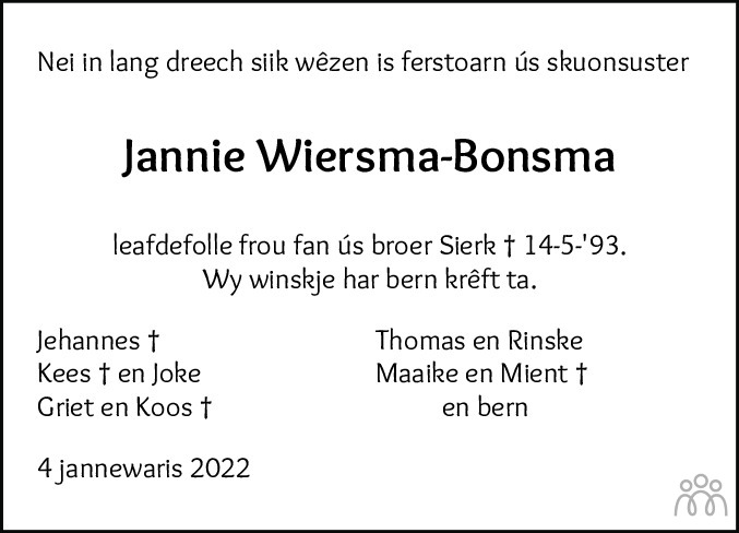 Overlijdensbericht van Jantje Wiersma-Bonsma in Leeuwarder Courant