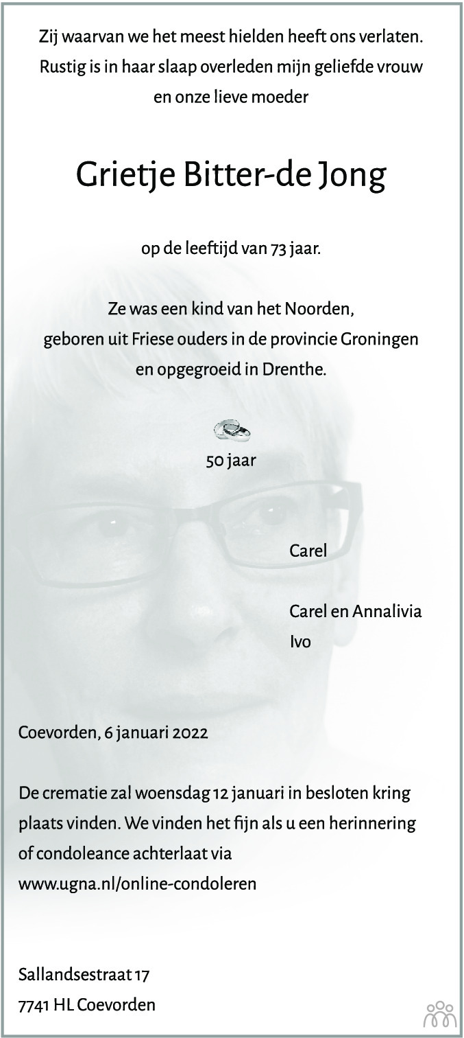 Overlijdensbericht van Grietje Bitter-de Jong in Dagblad van het Noorden