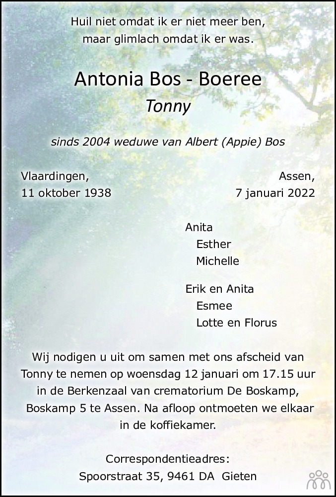 Overlijdensbericht van Antonia (Tonny) Bos-Boeree in Dagblad van het Noorden
