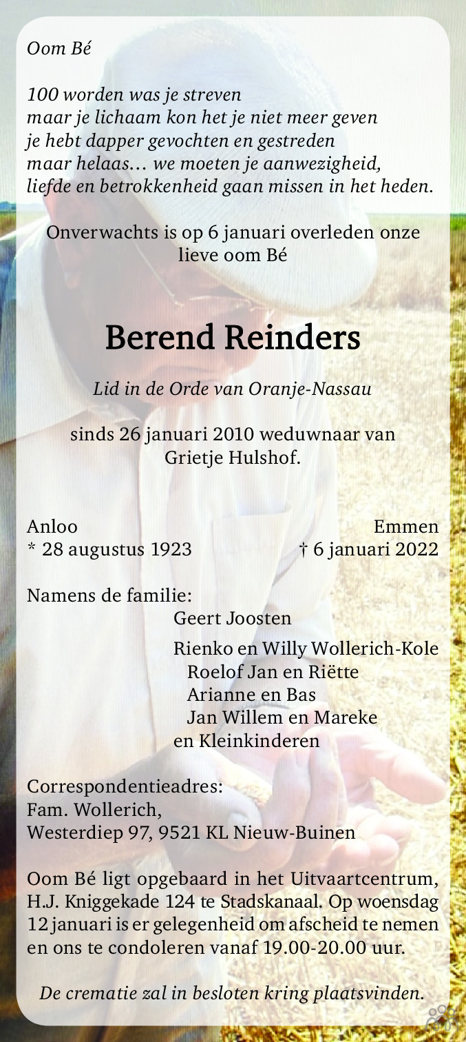 Overlijdensbericht van Berend Reinders in Dagblad van het Noorden