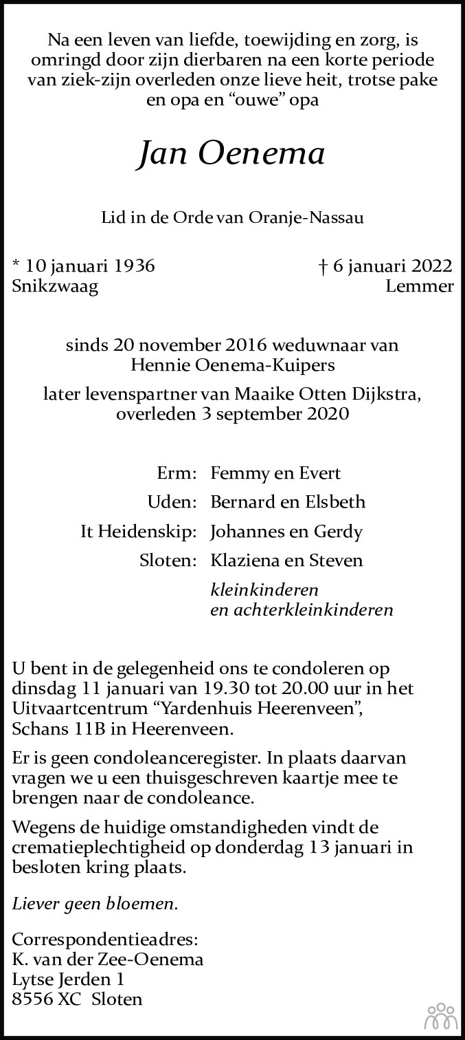 Overlijdensbericht van Jan Oenema in Leeuwarder Courant