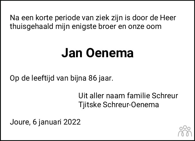 Overlijdensbericht van Jan Oenema in Leeuwarder Courant